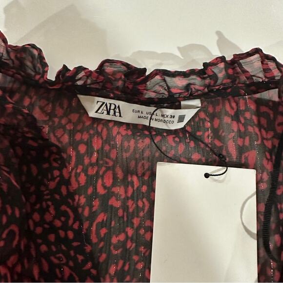 Zara Red & Black Cheetah‎ Print Long Sleeve Ruffled Mini Dress Size L - Picture 5 of 10